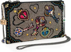 Mary Frances Unlocked Magic BeadedKeys & Heart Locks Mini Crossbody Clutch Handbag, Pewter
