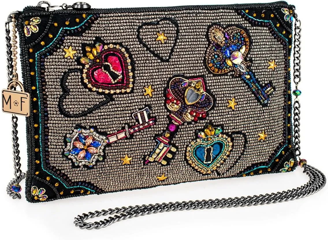 Mary Frances Unlocked Magic BeadedKeys & Heart Locks Mini Crossbody Clutch Handbag, Pewter