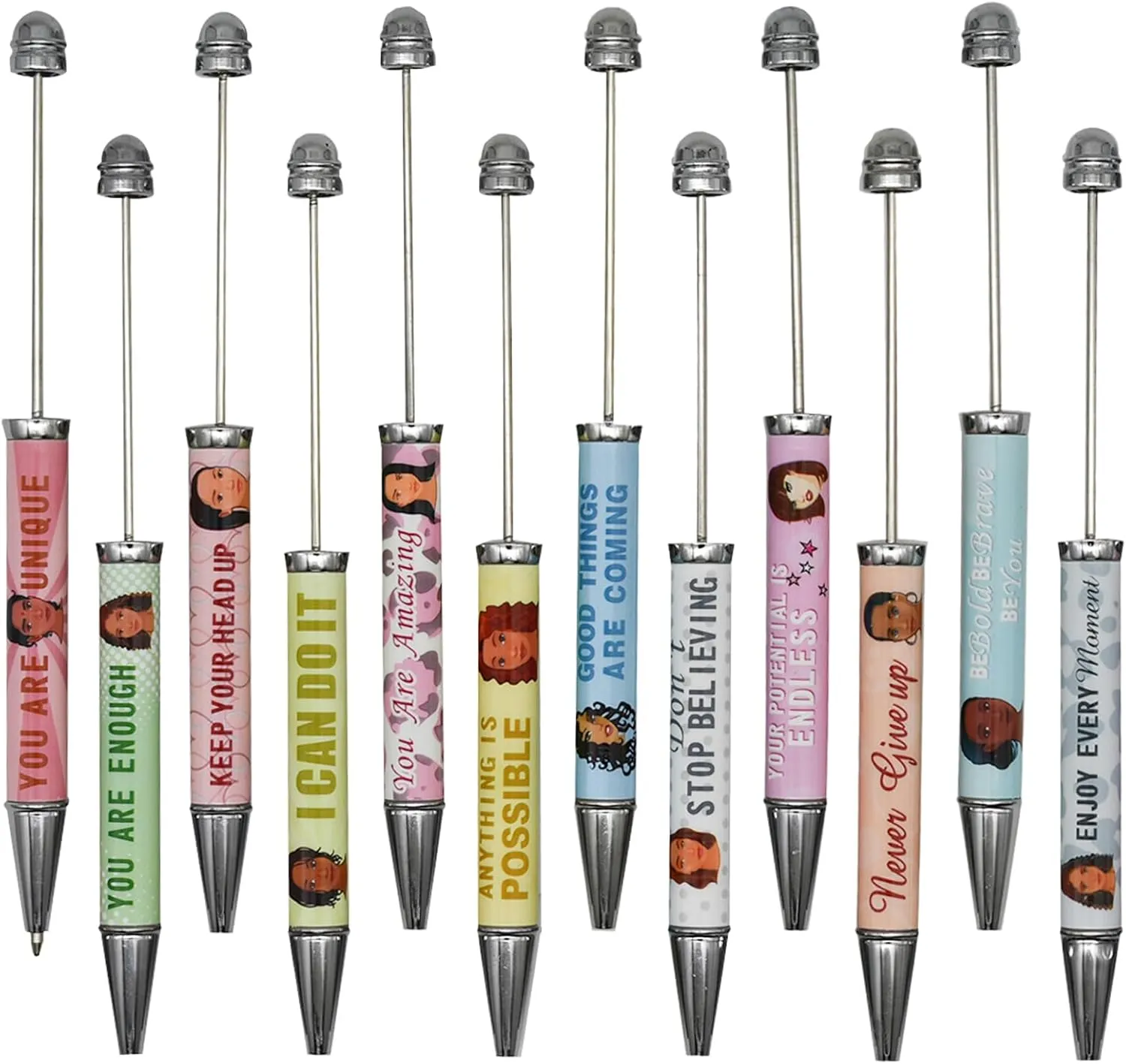 Maydahui 48 PCS Inspirational Beadable Ballpoint Pens Motivational Quotes Retractable Bead Pen DIY Shaft Beaded Pens Metal Black Ink for DIY Making School Party Office Crafting