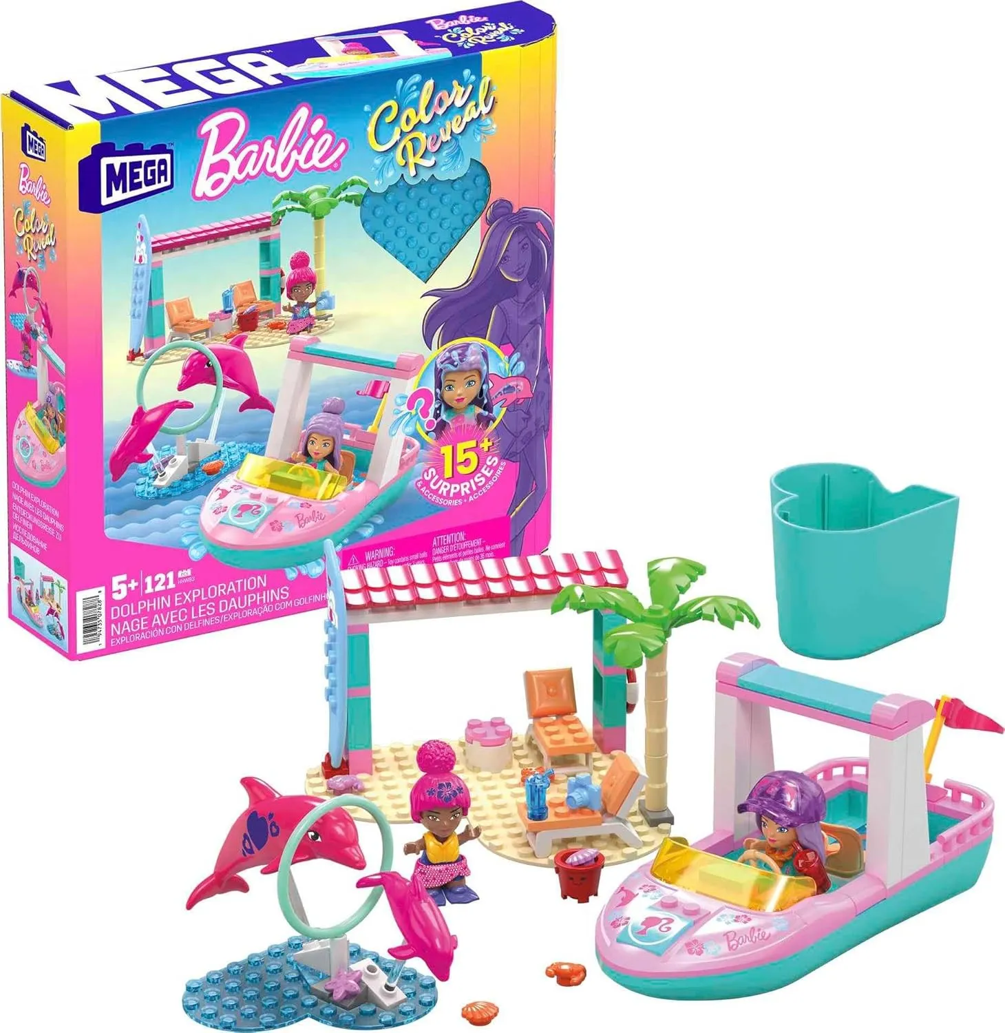 MEGA Barbie Color Reveal Building Toy Playset, Dolphin Exploration with 121 Pieces, 15 Surprises and Accessories, Kids Age 5  Years