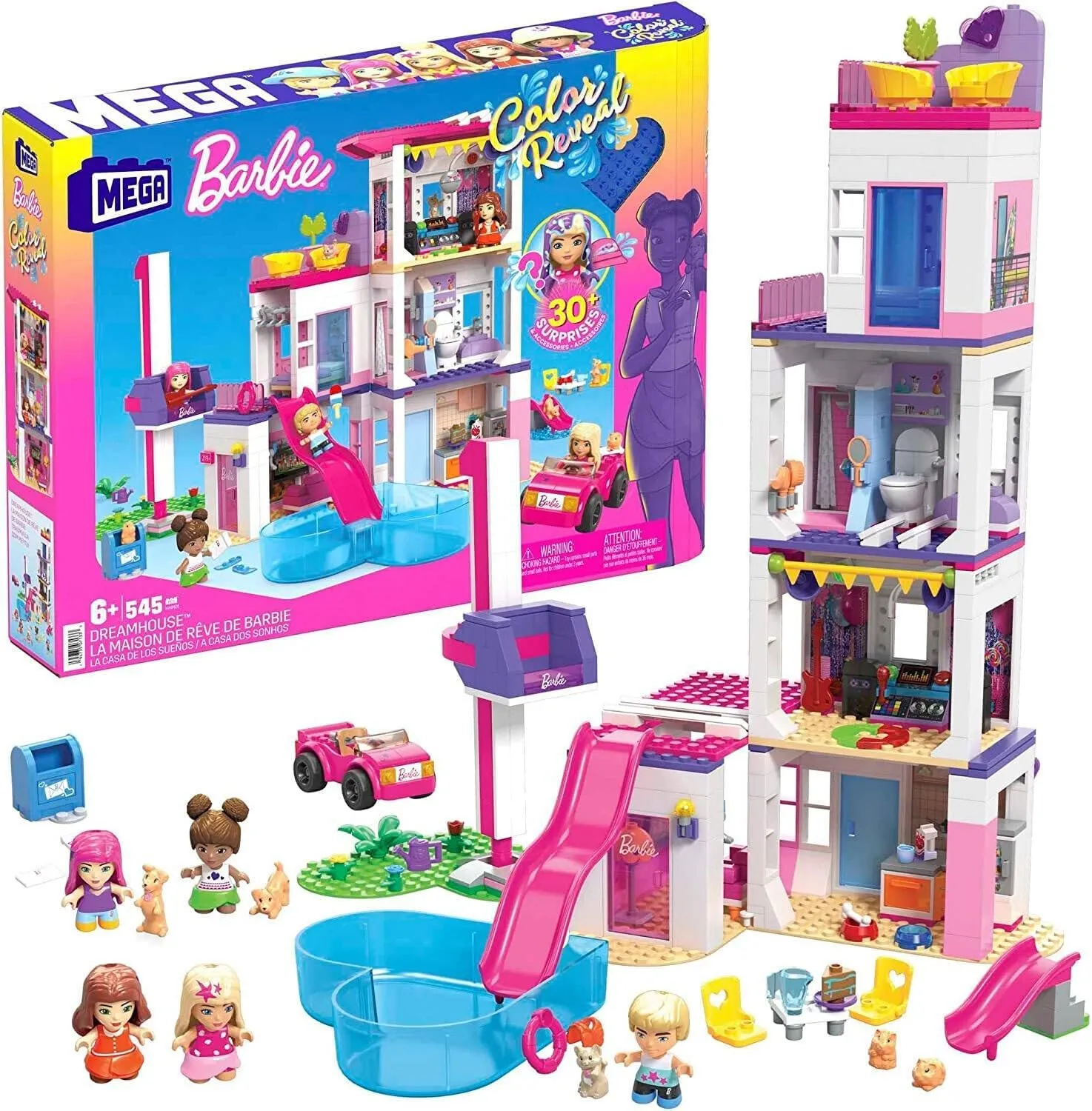 MEGA Barbie Color Reveal Building Toys Set, DreamHouse with 545 Pieces, 5 Micro-Dolls, 6 Pets and Accessories, 30   Surprises, Kids Ages 6  Years