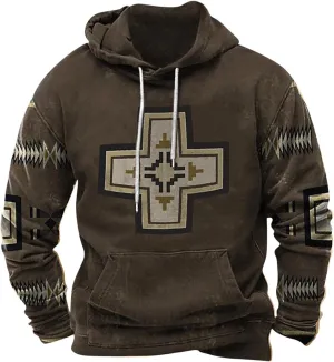Men Hoodies Pullover Drawstring Aztec Ethnic Western Hooded Sweatshirts Casual Loose Ethnic Print Pullover Shirts