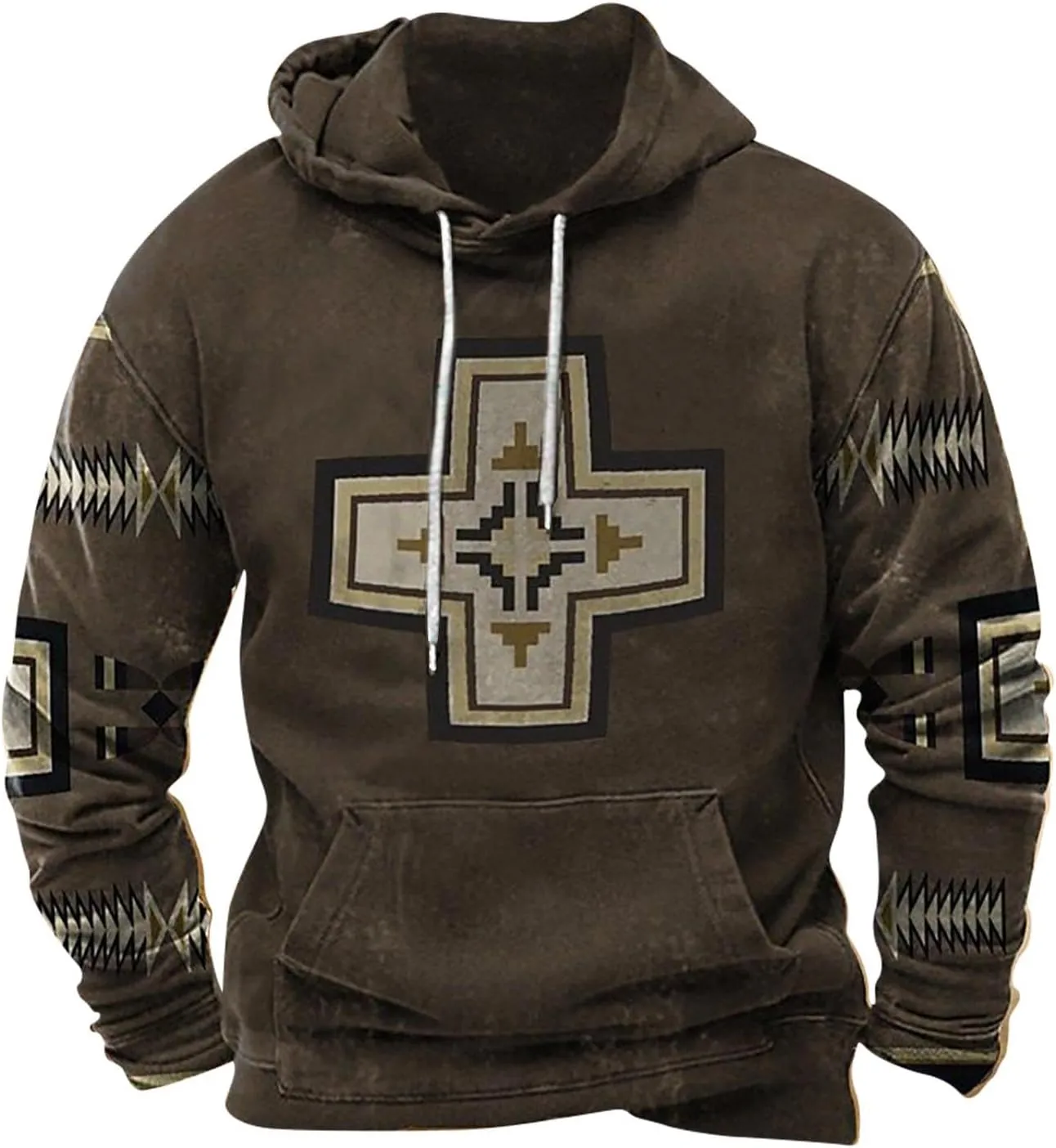 Men Hoodies Pullover Drawstring Aztec Ethnic Western Hooded Sweatshirts Casual Loose Ethnic Print Pullover Shirts