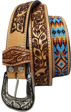 Men Women 1.5" Western Floral Tooled Beaded Full-Grain Leather Belt 26RT29B
