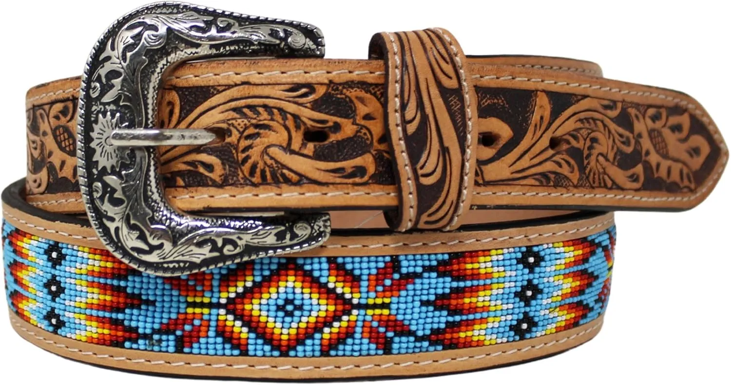 Men Women 1.5" Western Floral Tooled Beaded Full-Grain Leather Belt 26RT29B