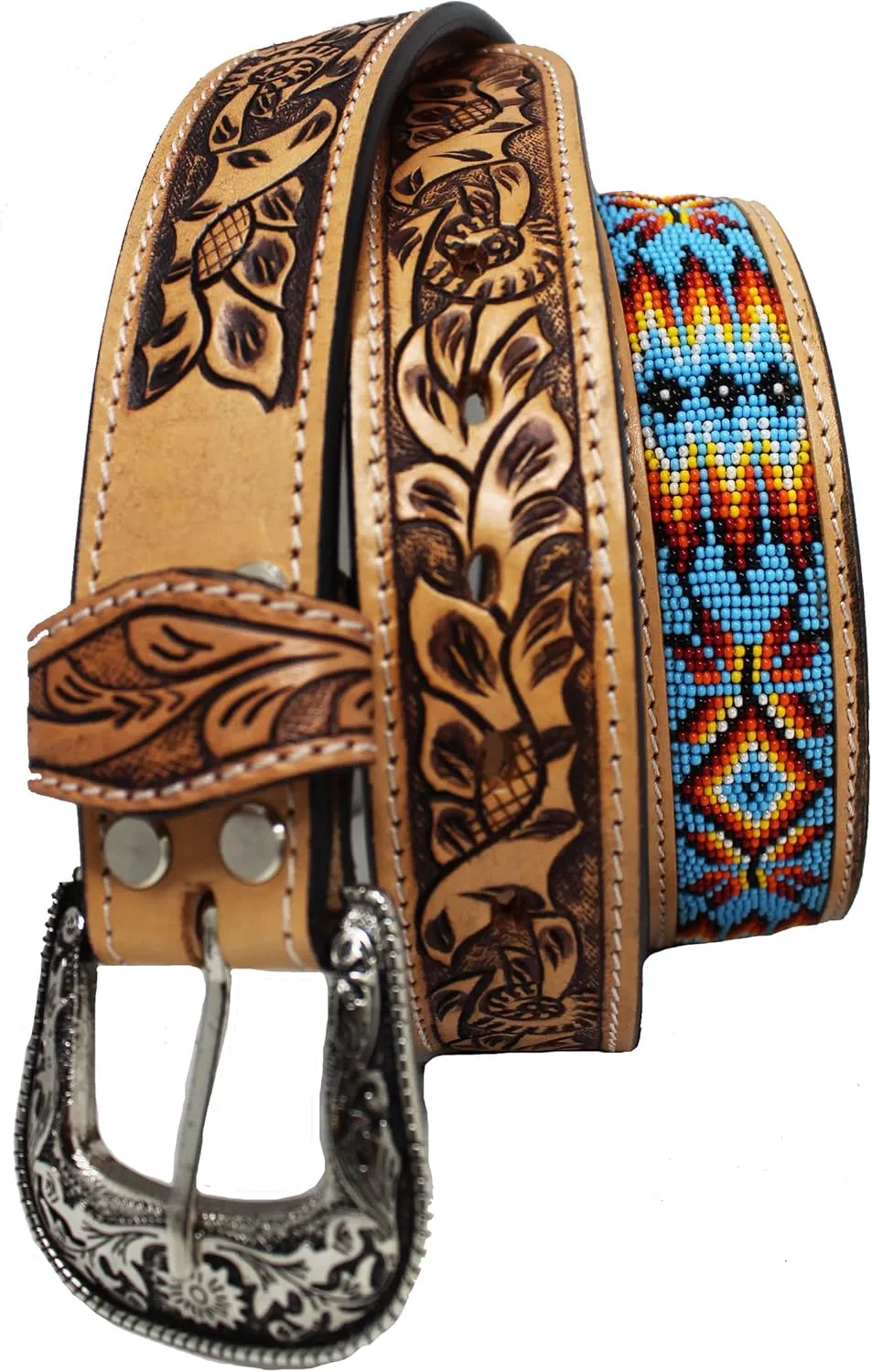 Men Women 1.5" Western Floral Tooled Beaded Full-Grain Leather Belt 26RT29B