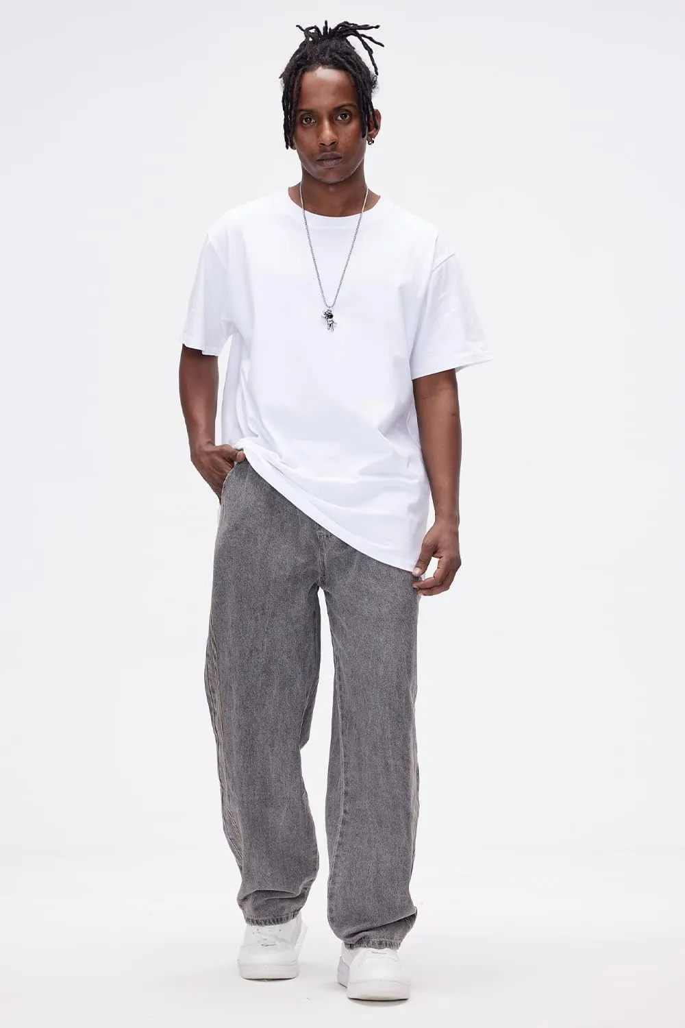 Mens Baggy Jeans Elastic Waisted Denim Pants for Men with Drawstring Streetwear