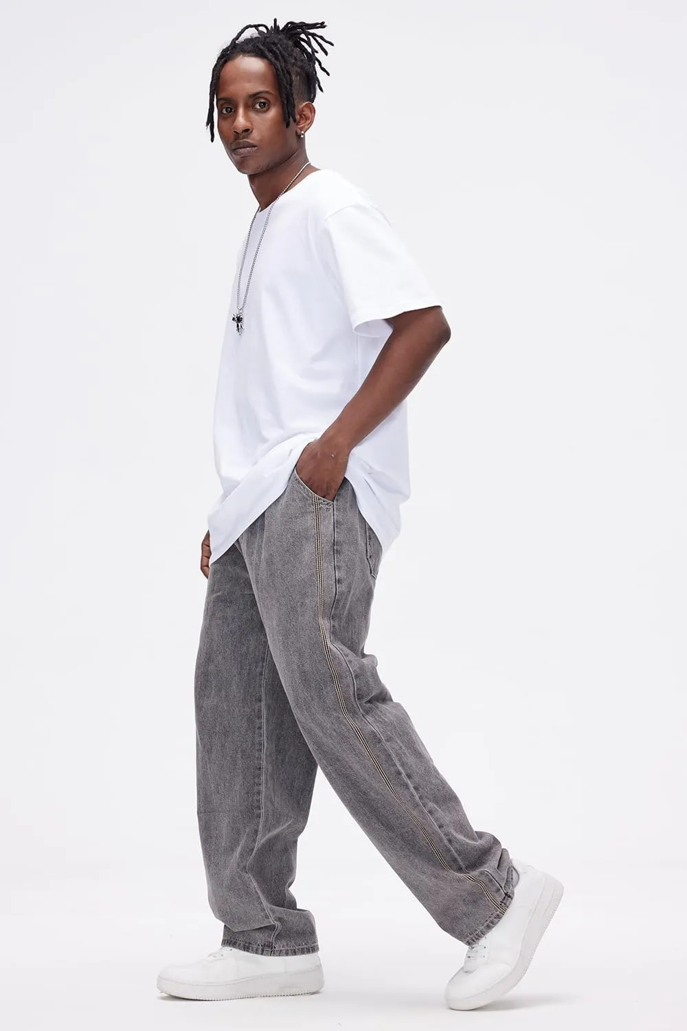 Mens Baggy Jeans Elastic Waisted Denim Pants for Men with Drawstring Streetwear
