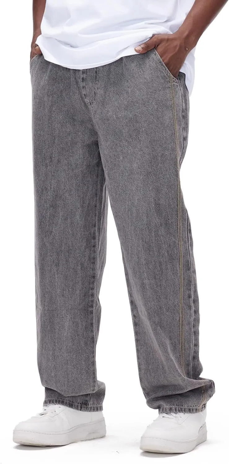 Mens Baggy Jeans Elastic Waisted Denim Pants for Men with Drawstring Streetwear