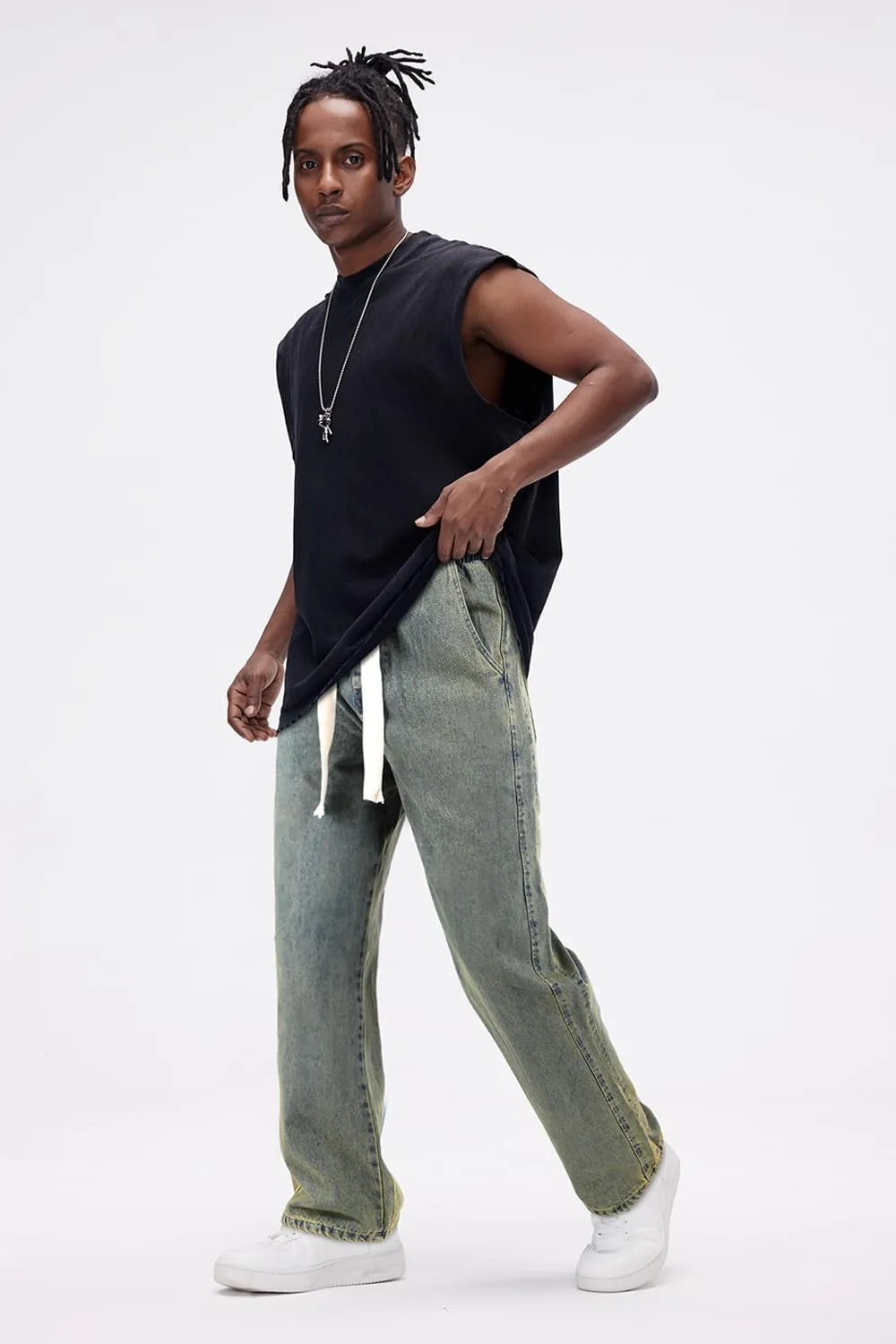 Mens Baggy Jeans Elastic Waisted Denim Pants for Men with Drawstring Streetwear