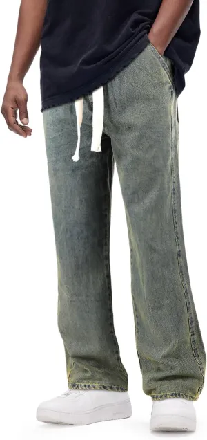 Mens Baggy Jeans Elastic Waisted Denim Pants for Men with Drawstring Streetwear