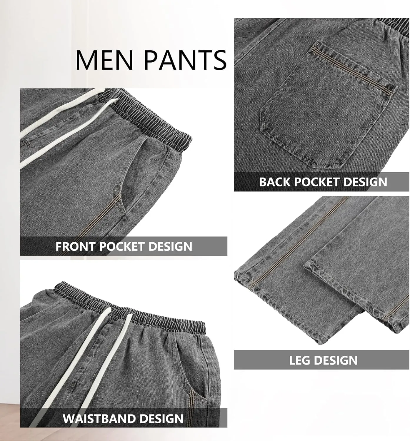 Mens Baggy Jeans Elastic Waisted Denim Pants for Men with Drawstring Streetwear