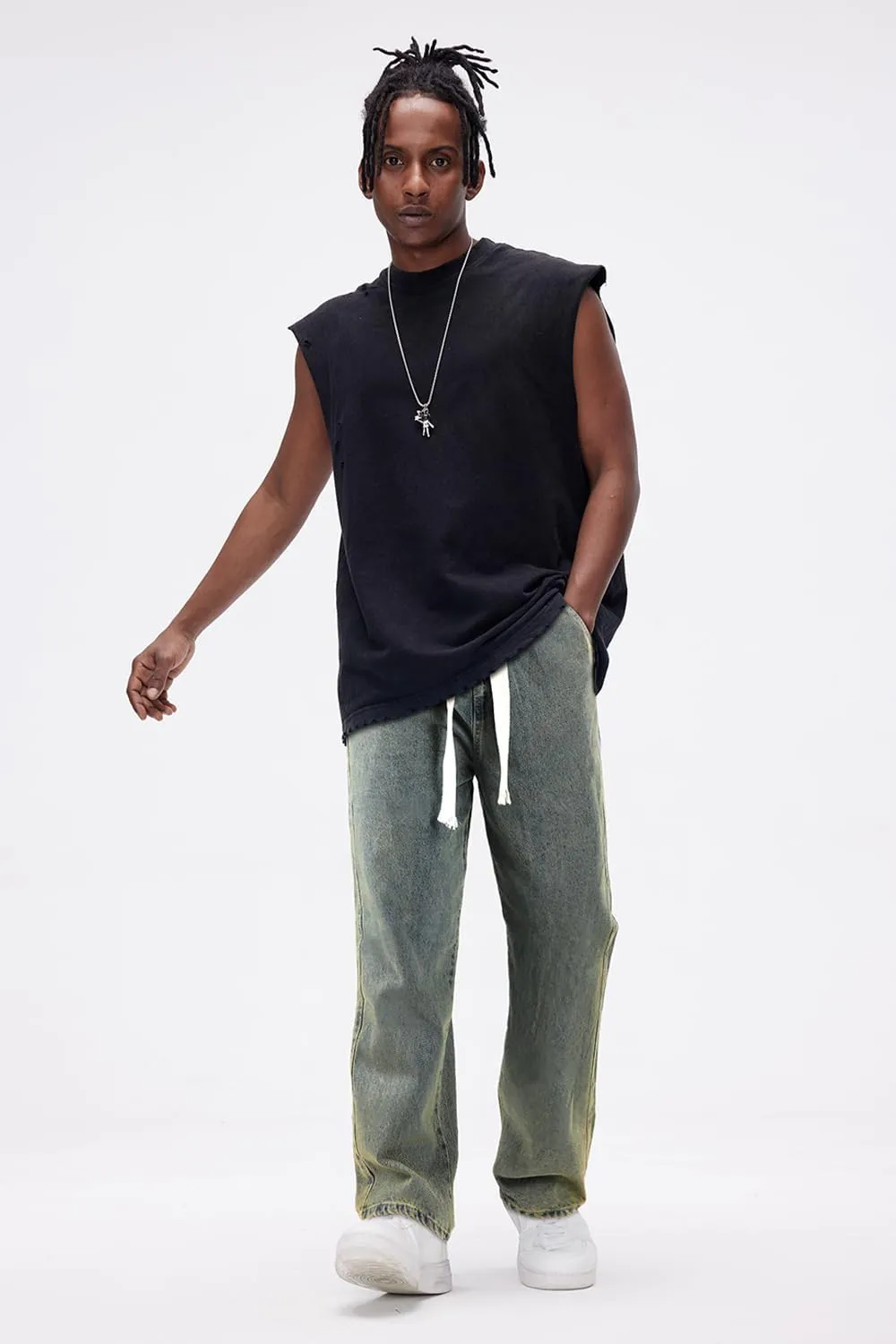 Mens Baggy Jeans Elastic Waisted Denim Pants for Men with Drawstring Streetwear