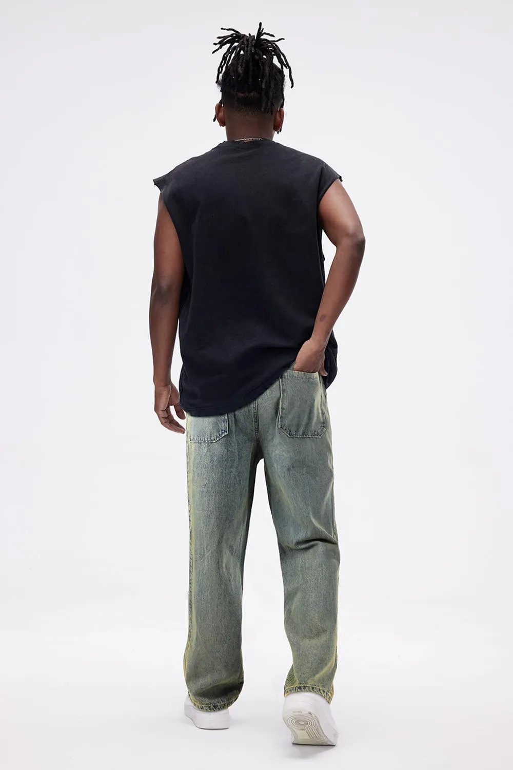 Mens Baggy Jeans Elastic Waisted Denim Pants for Men with Drawstring Streetwear