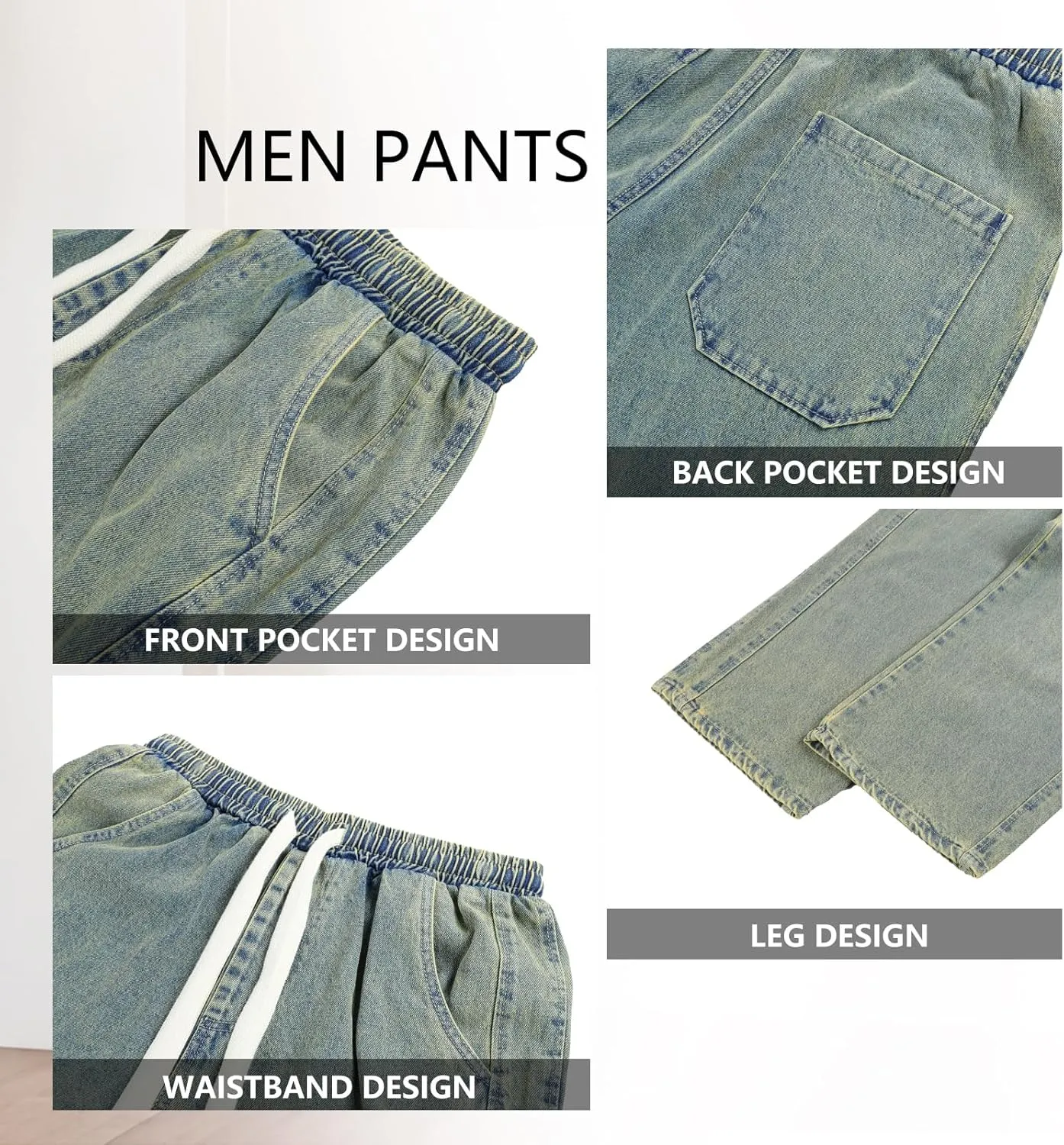 Mens Baggy Jeans Elastic Waisted Denim Pants for Men with Drawstring Streetwear