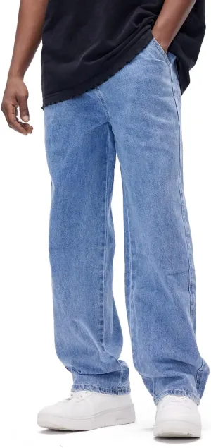 Men's Baggy Jeans Loose Fit Wide Leg Denim Pants Skateboard Hip Hop Streetwear Trousers Light Blue 34
