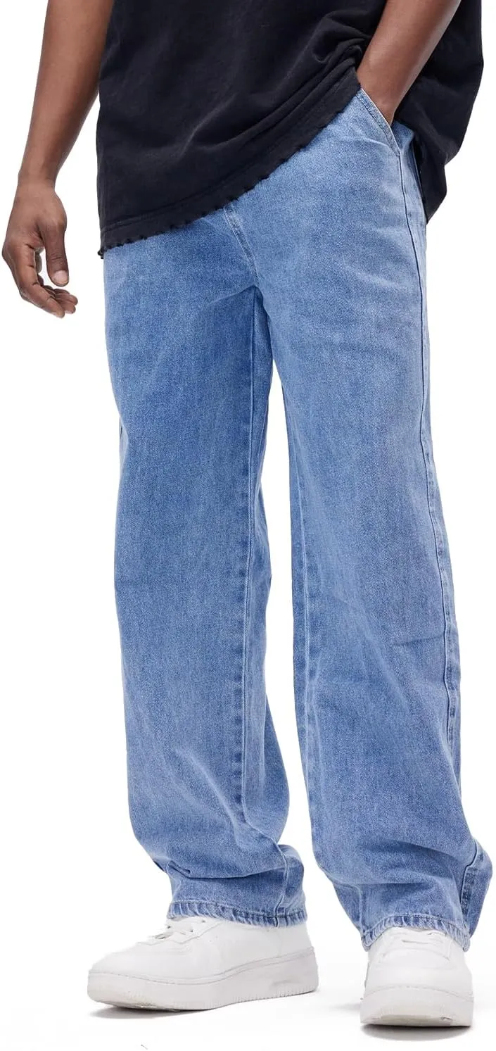 Men's Baggy Jeans Loose Fit Wide Leg Denim Pants Skateboard Hip Hop Streetwear Trousers Light Blue 34