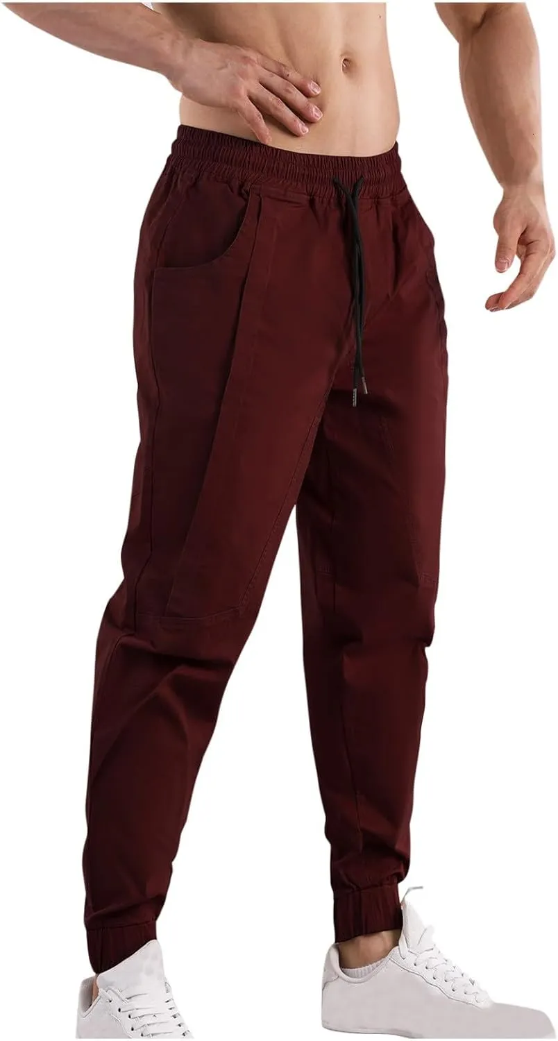 Mens Cargo Pants Elastic Waist Drawstring Relaxed Fit Joggers for Men Tapered Stretch Outdoor Work Pants