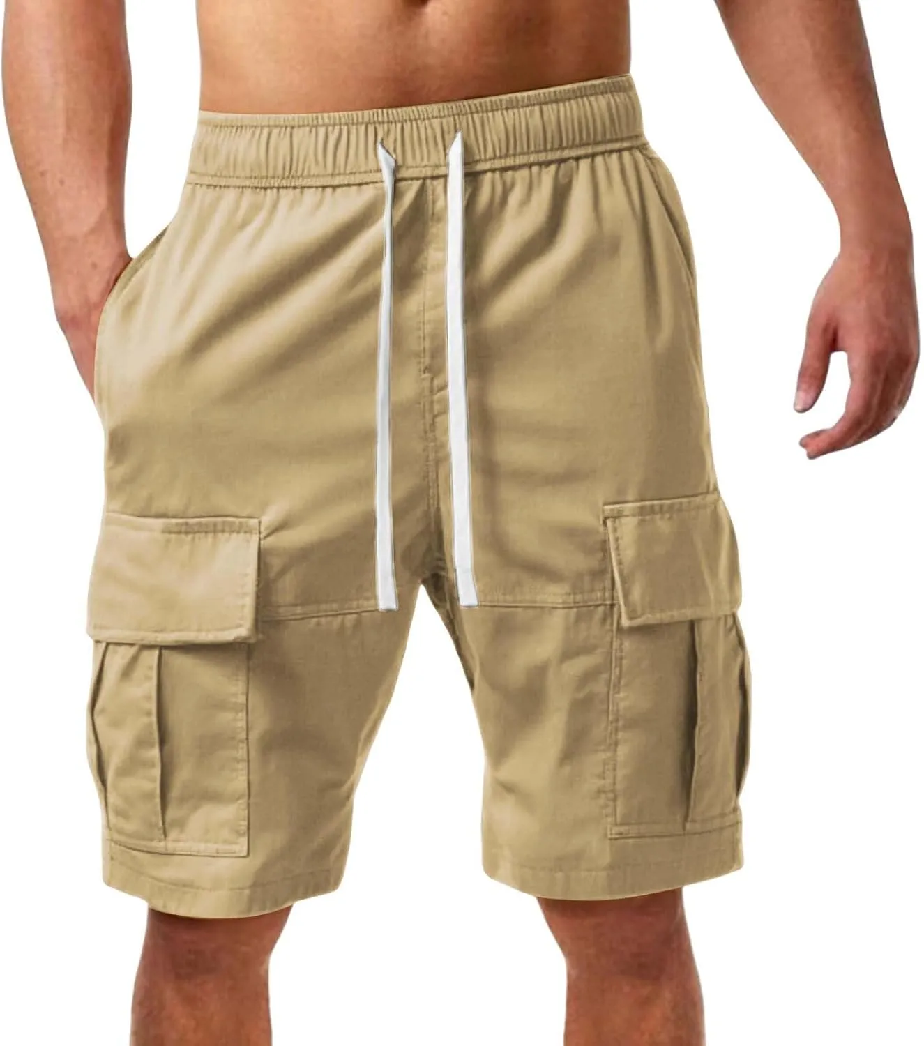 Mens Cargo Shorts Outdoor Drawstring Hiking Relaxed fit Cargo Elastic Waist Shorts Fashion Multi Pockets Short Pants