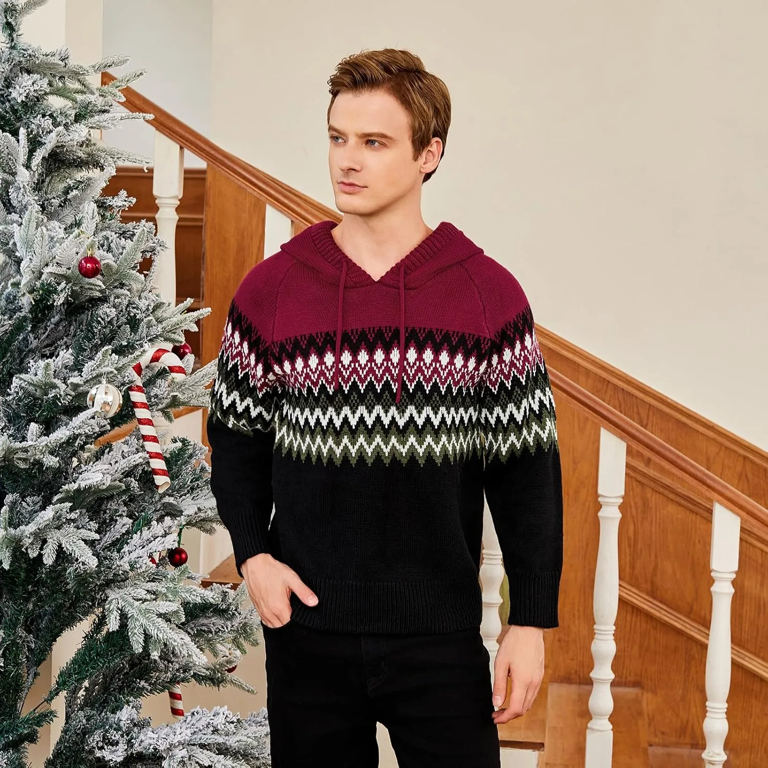 Men's Casual Cable Knit Drawstring Hoodies Pullover Sweater Color Block Long Sleeve Sweater