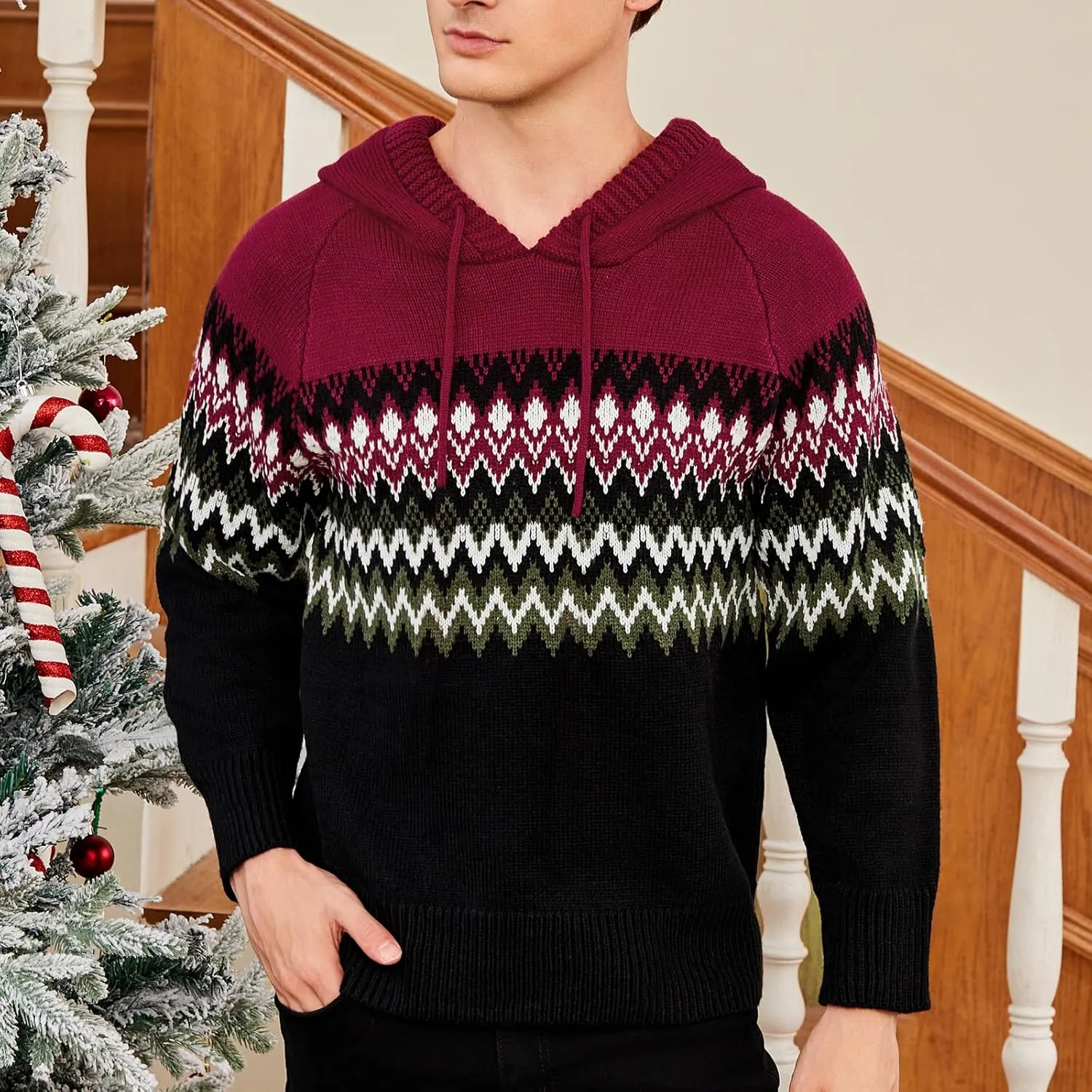 Men's Casual Cable Knit Drawstring Hoodies Pullover Sweater Color Block Long Sleeve Sweater