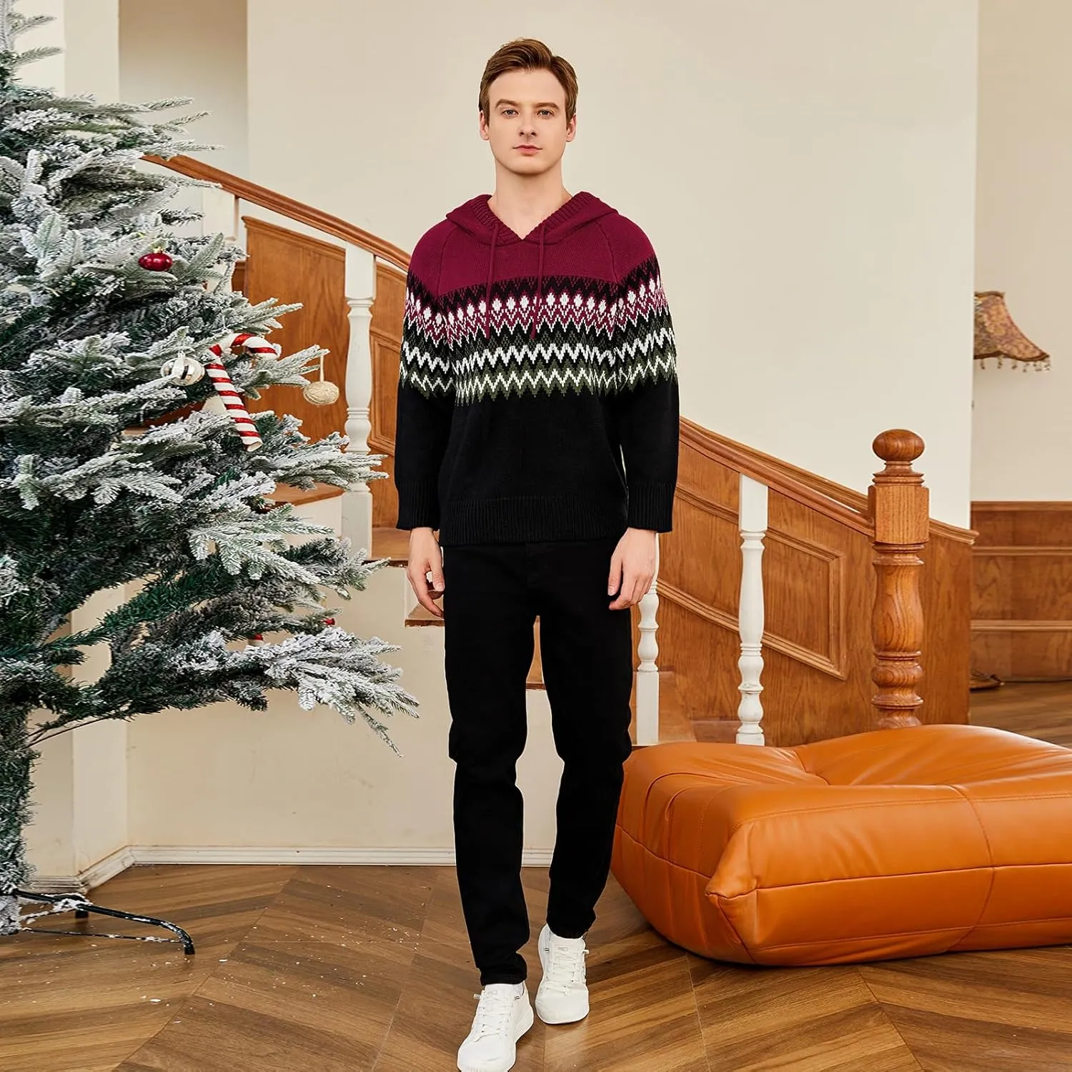 Men's Casual Cable Knit Drawstring Hoodies Pullover Sweater Color Block Long Sleeve Sweater