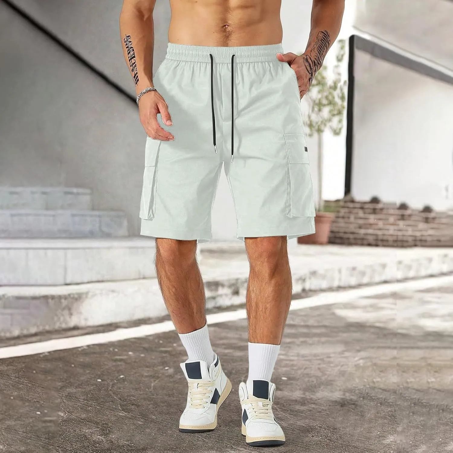 Men's Casual Cargo Shorts Waist with Drawstring Hiking Fishing Outfits Lightweight Multi-Pocket Athletic Short Pants