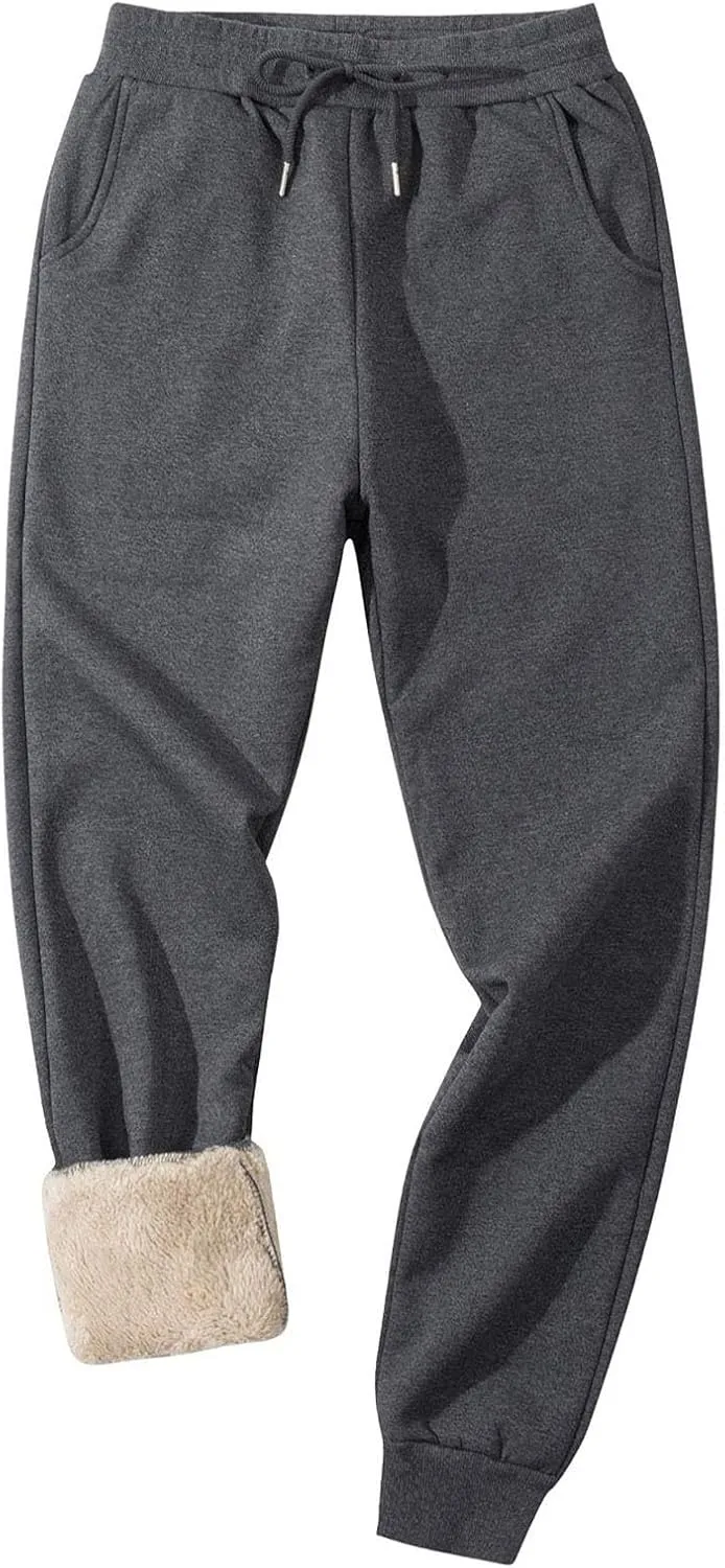 Mens Casual Pants Warm Fleece Sherpa Lined Slim Fit Drawstring Sweatpants with Pocket Winter Comfy Athletic Joggers