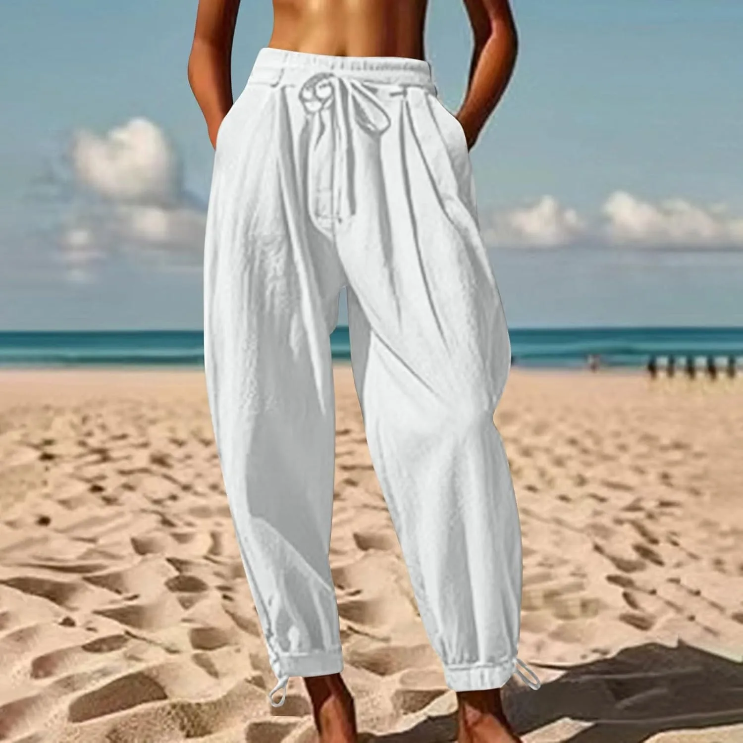 Men's Cotton Linen Harem Pants Soft Stretchy Waist Casual Hippie Trousers Lightweight Loose Fitting Beach Yoga Pant