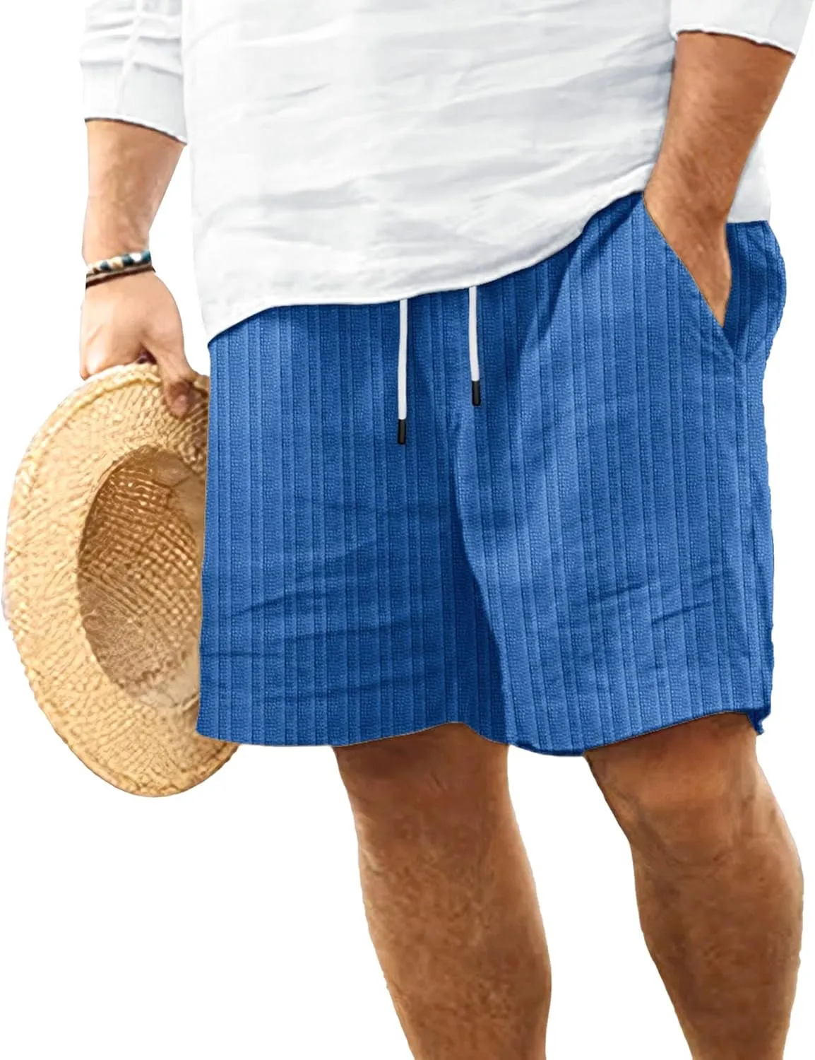 Men's Drawstring Cotton Linen Beach Short Loose Fit Striped Summer Shorts Casual Elastic Waist Vacation Shorts (Royal Blue,Medium)