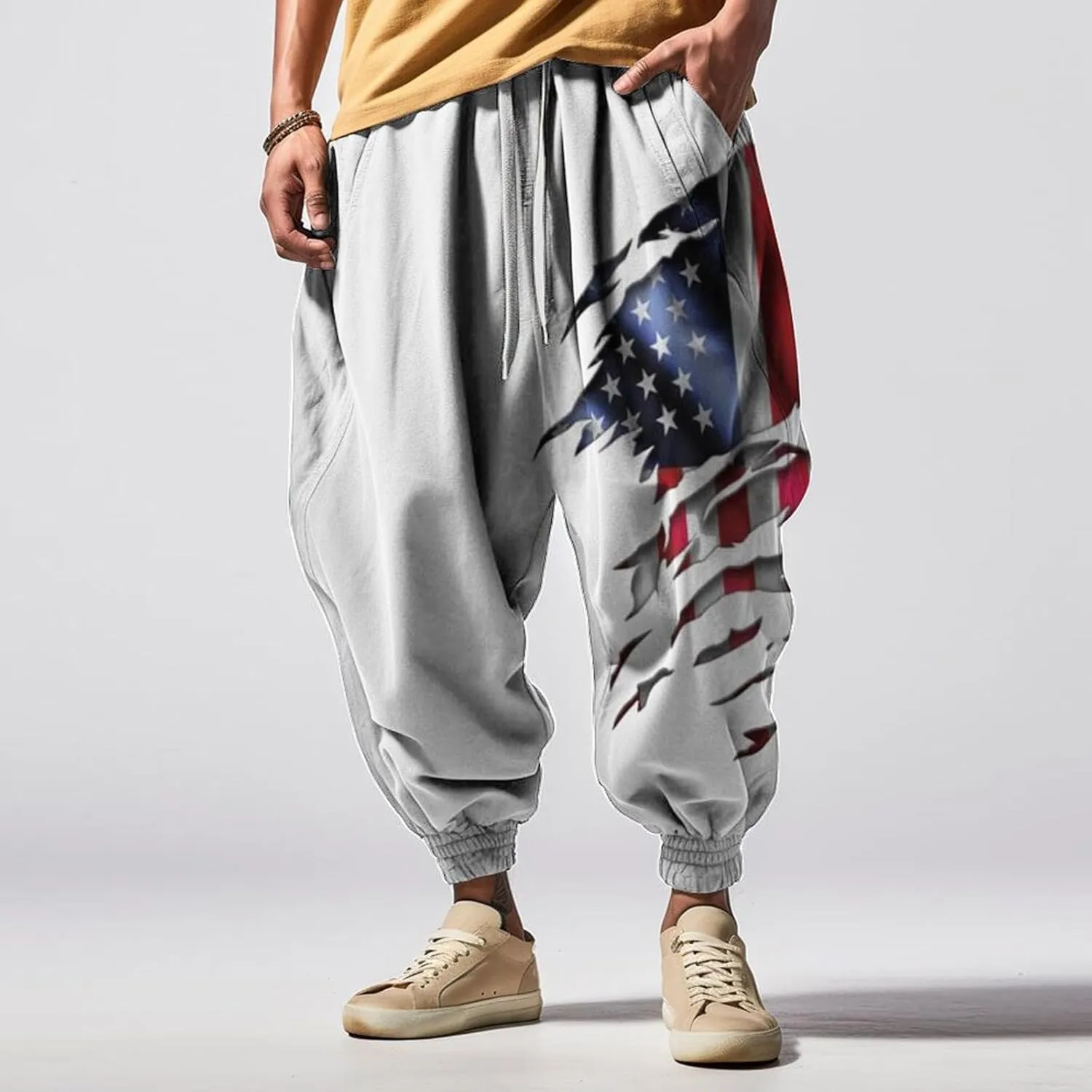 Men's Drawstring Hippie Harem Pants Men's Autumn Fun Print Fashion Street Feel Casual Cotton Drawstring Cargo Pants