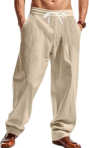 Mens Drawstring Linen Pants Loose Fit Casual Summer Beach Plain Trousers Fashion Outdoor Hiking Camping Wedding Pant