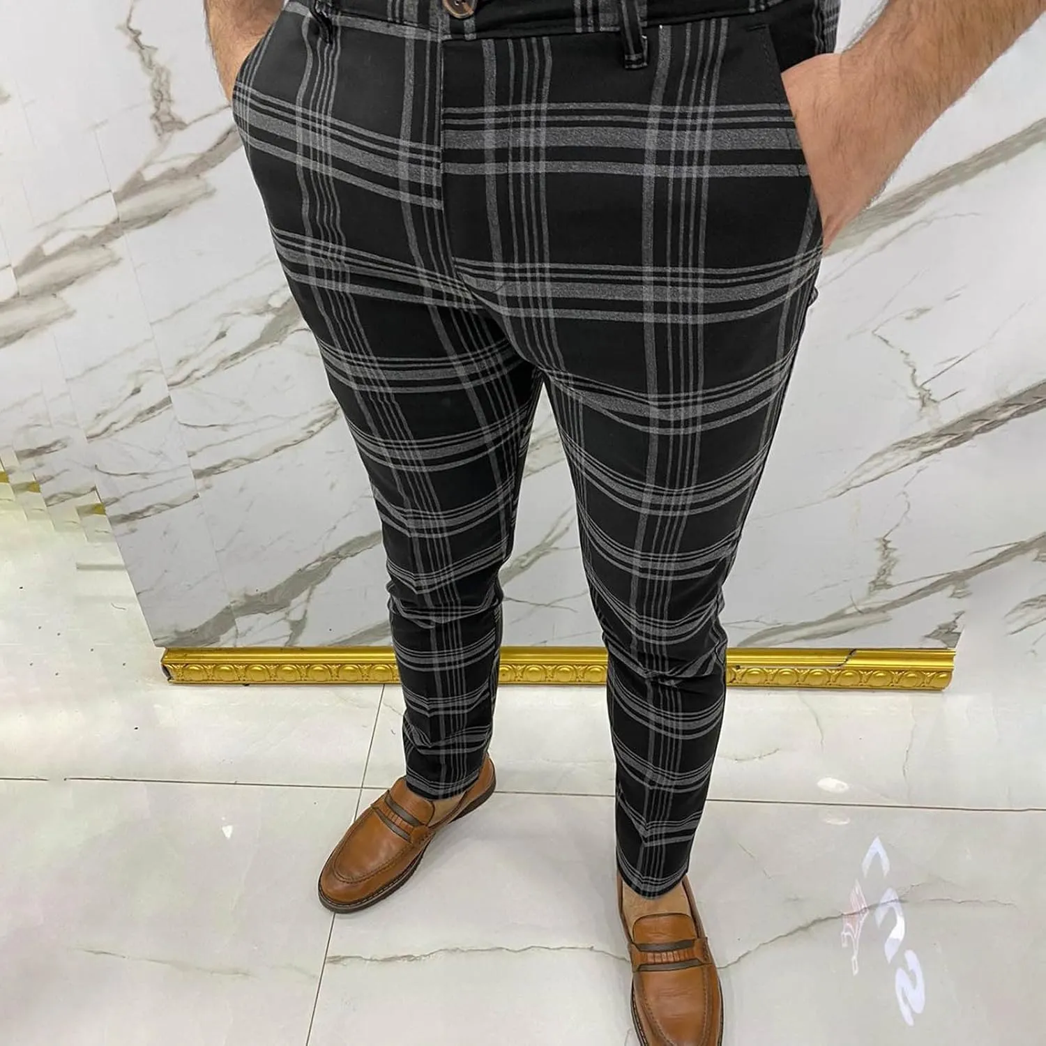 Mens Dress Pants Slim Fit Stretch Fashion Plaid Pant Skinny Leg Striped Button Work Pants Straight Casual Pants