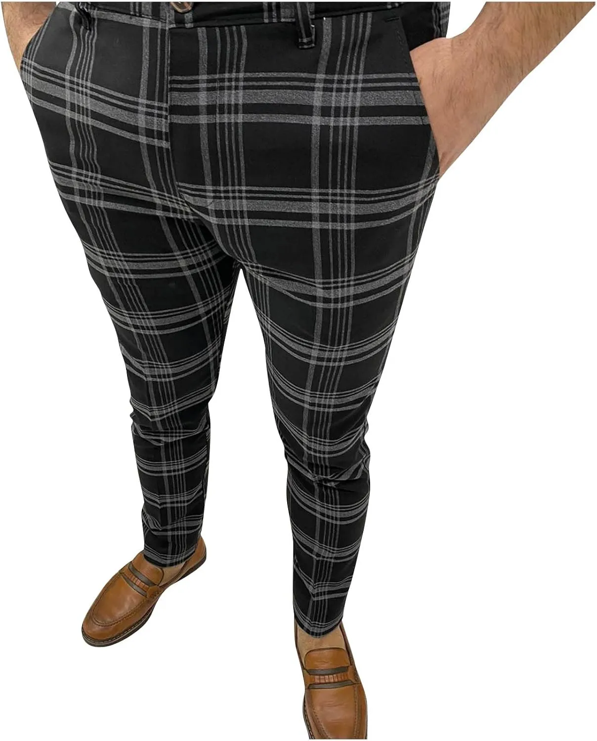 Mens Dress Pants Slim Fit Stretch Fashion Plaid Pant Skinny Leg Striped Button Work Pants Straight Casual Pants