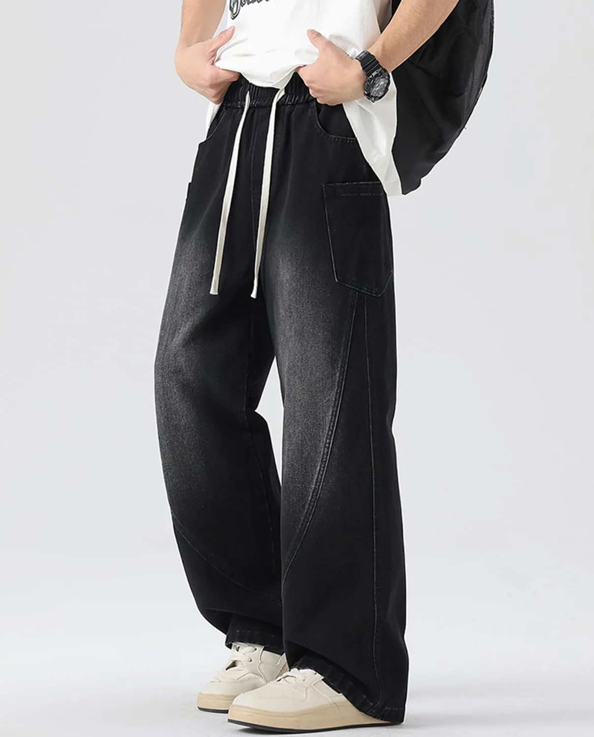 Men's Elastic Waist Baggy Jeans Y2K Wide Leg Loose Fit Denim Pants Hip Hop Skater Jeans with Multiple Pockets