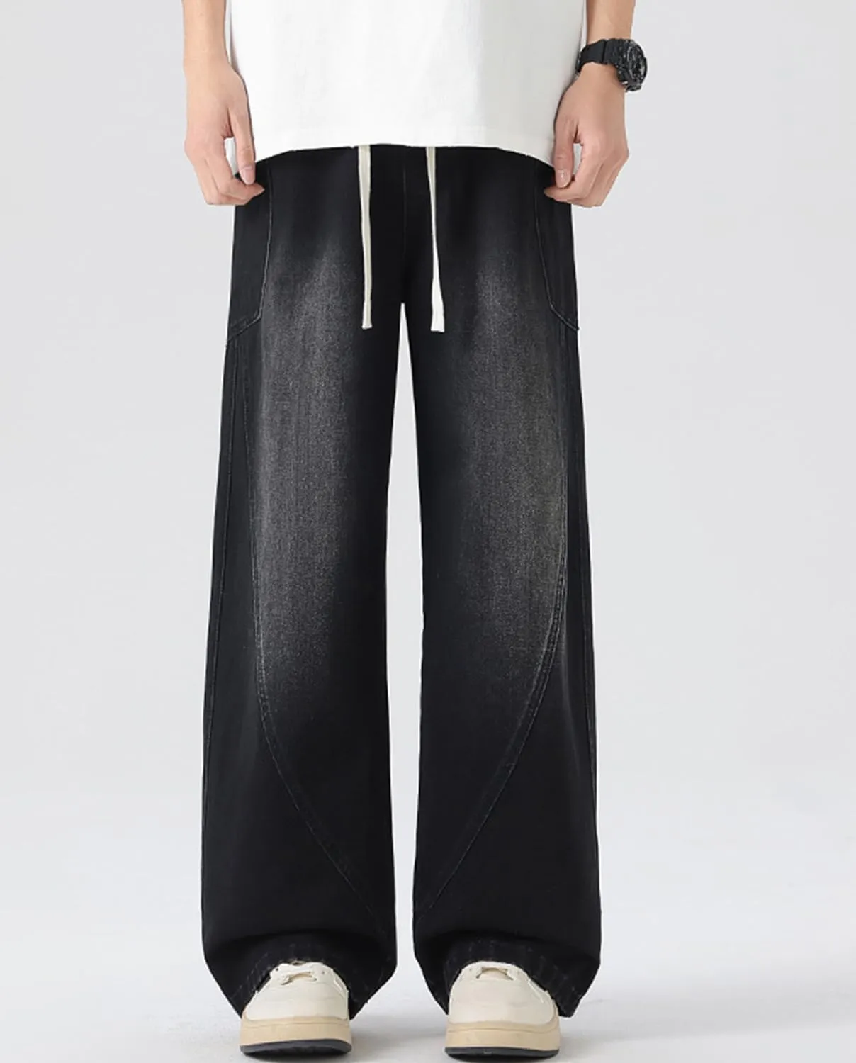 Men's Elastic Waist Baggy Jeans Y2K Wide Leg Loose Fit Denim Pants Hip Hop Skater Jeans with Multiple Pockets