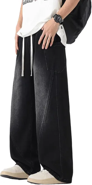 Men's Elastic Waist Baggy Jeans Y2K Wide Leg Loose Fit Denim Pants Hip Hop Skater Jeans with Multiple Pockets