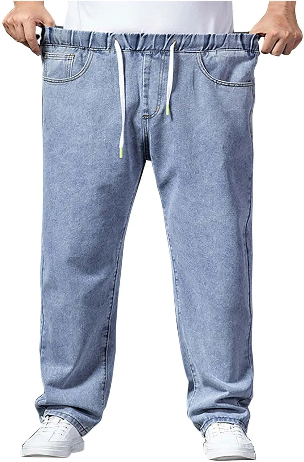 Men's Elastic Waist Jeans Plus Size Drawstring Pull On Jeans Casual Straight Leg Jeans Boys Denim Jogger Pants S-4XL
