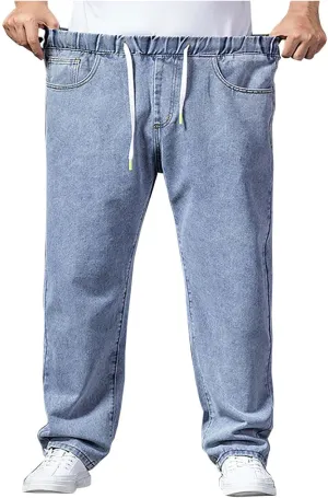 Men's Elastic Waist Jeans Plus Size Drawstring Pull On Jeans Casual Straight Leg Jeans Boys Denim Jogger Pants S-4XL