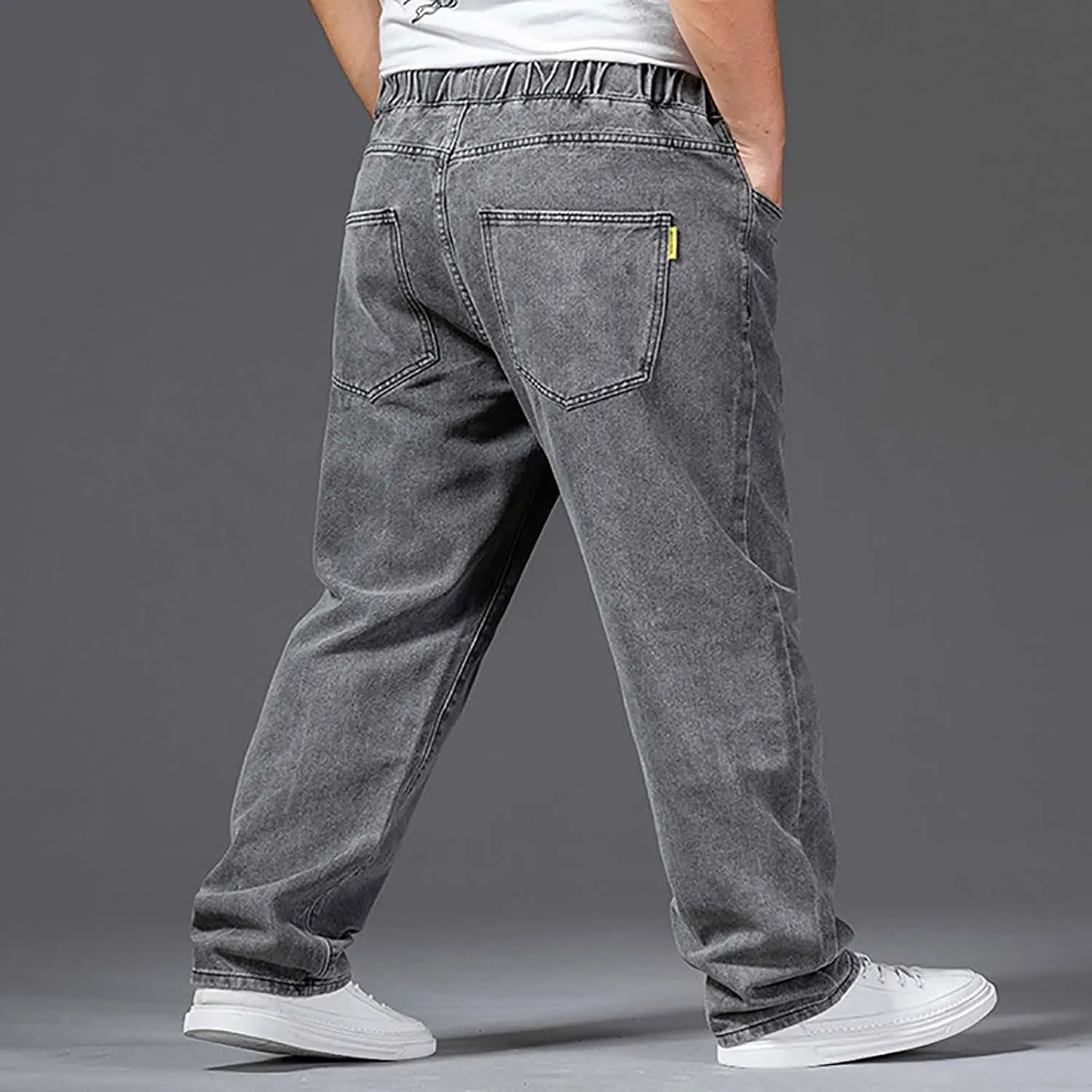 Men's Elastic Waist Jeans Plus Size Drawstring Pull On Jeans Casual Straight Leg Jeans Boys Denim Jogger Pants S-4XL