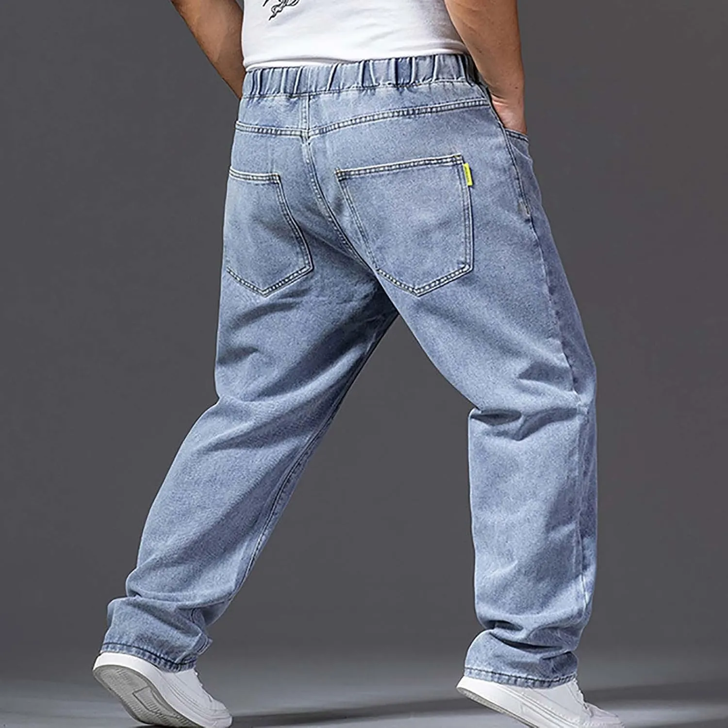 Men's Elastic Waist Jeans Plus Size Drawstring Pull On Jeans Casual Straight Leg Jeans Boys Denim Jogger Pants S-4XL