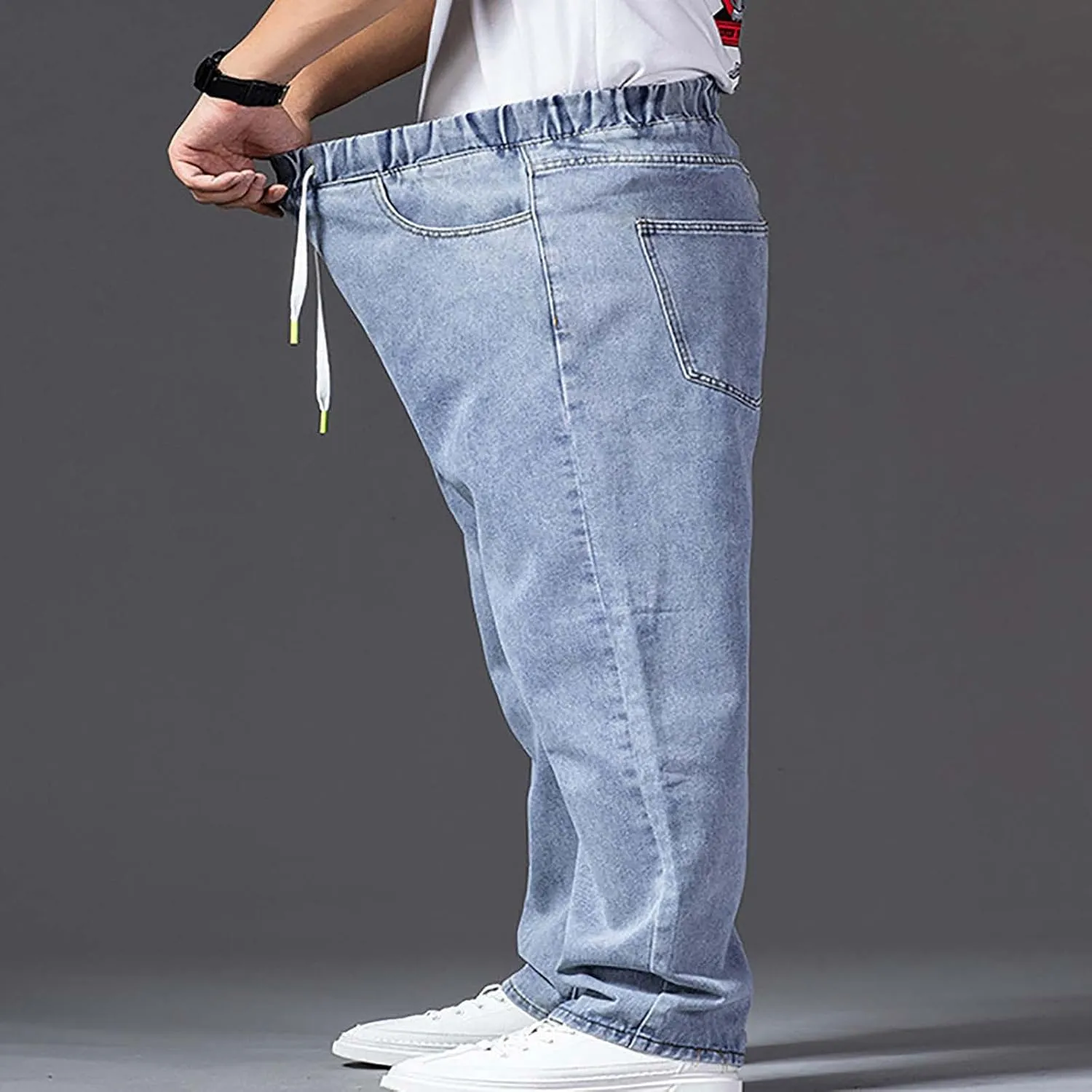 Men's Elastic Waist Jeans Plus Size Drawstring Pull On Jeans Casual Straight Leg Jeans Boys Denim Jogger Pants S-4XL