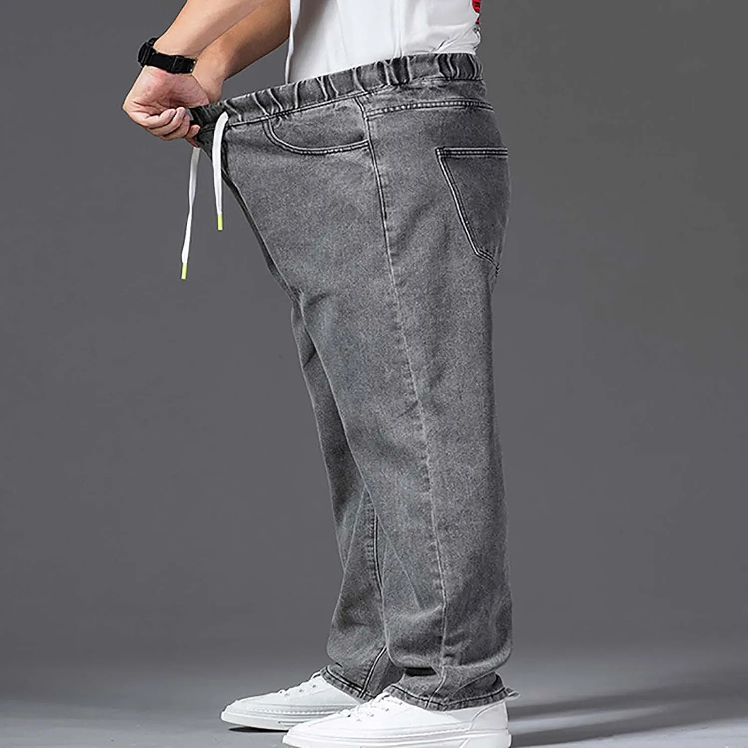 Men's Elastic Waist Jeans Plus Size Drawstring Pull On Jeans Casual Straight Leg Jeans Boys Denim Jogger Pants S-4XL