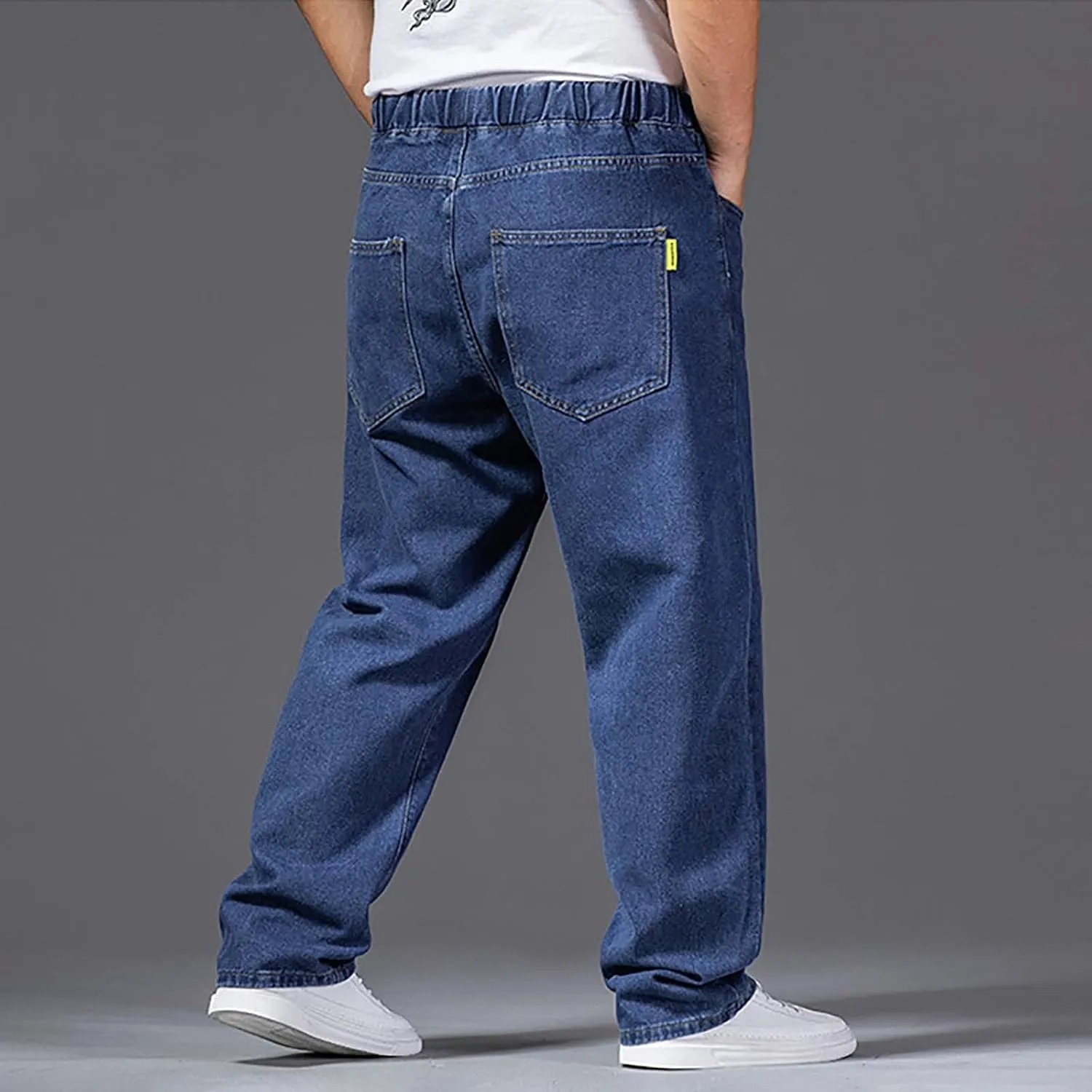 Mens Fashion Classic Jeans Elastic Waist Drawstring Denim Pants Casual Loose Straight Legs Trousers with Pockets
