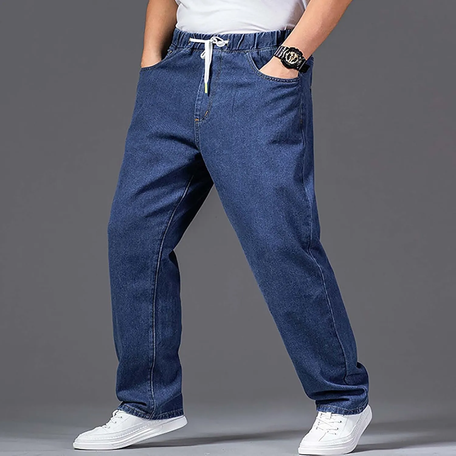 Mens Fashion Classic Jeans Elastic Waist Drawstring Denim Pants Casual Loose Straight Legs Trousers with Pockets