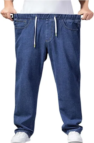 Mens Fashion Classic Jeans Elastic Waist Drawstring Denim Pants Casual Loose Straight Legs Trousers with Pockets