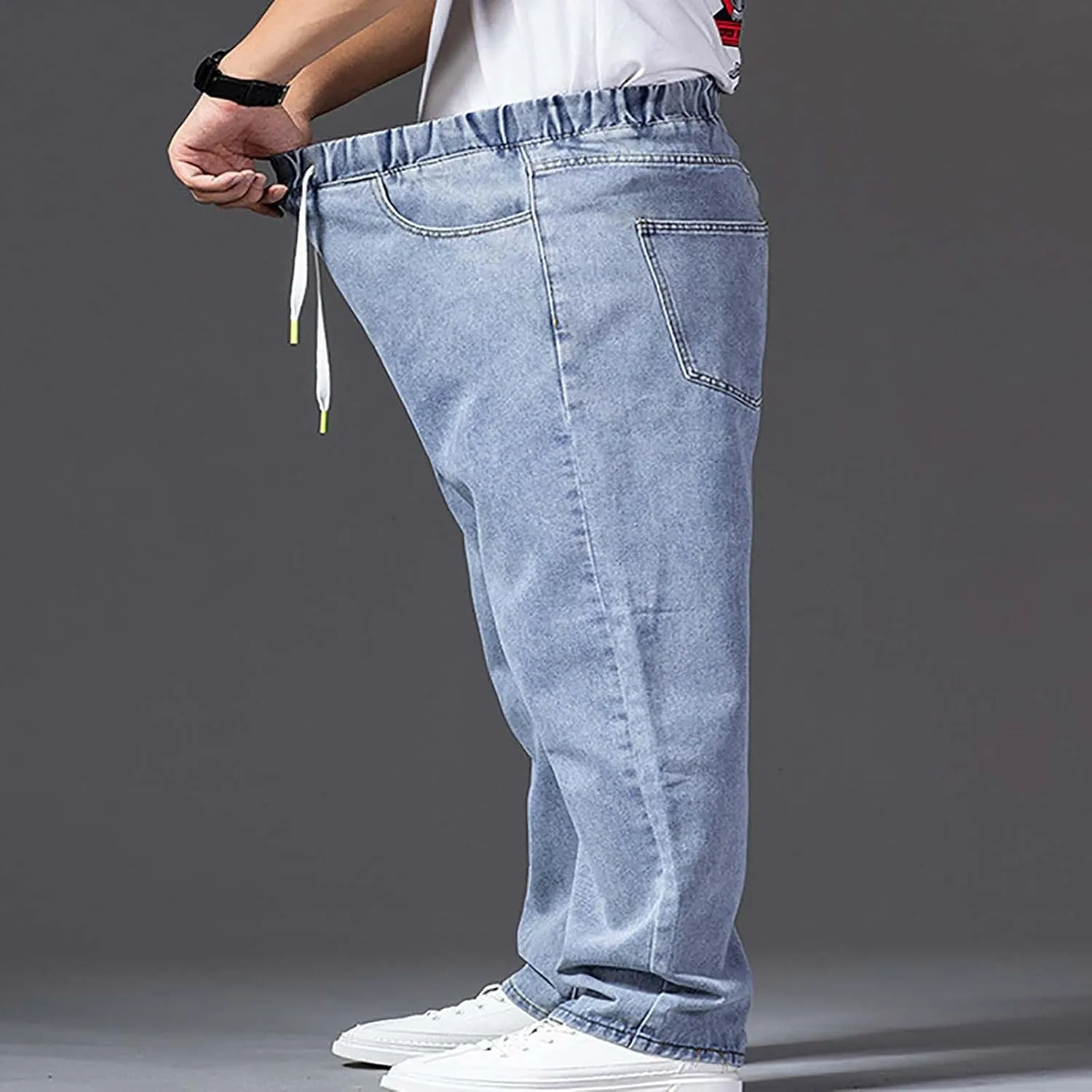 Mens Fashion Classic Jeans Elastic Waist Drawstring Denim Pants Casual Loose Straight Legs Trousers with Pockets