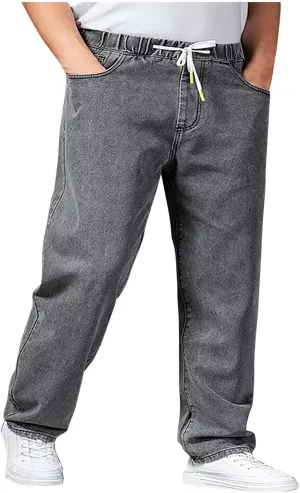 Mens Fashion Classic Jeans Elastic Waist Drawstring Denim Pants Casual Loose Straight Legs Trousers with Pockets