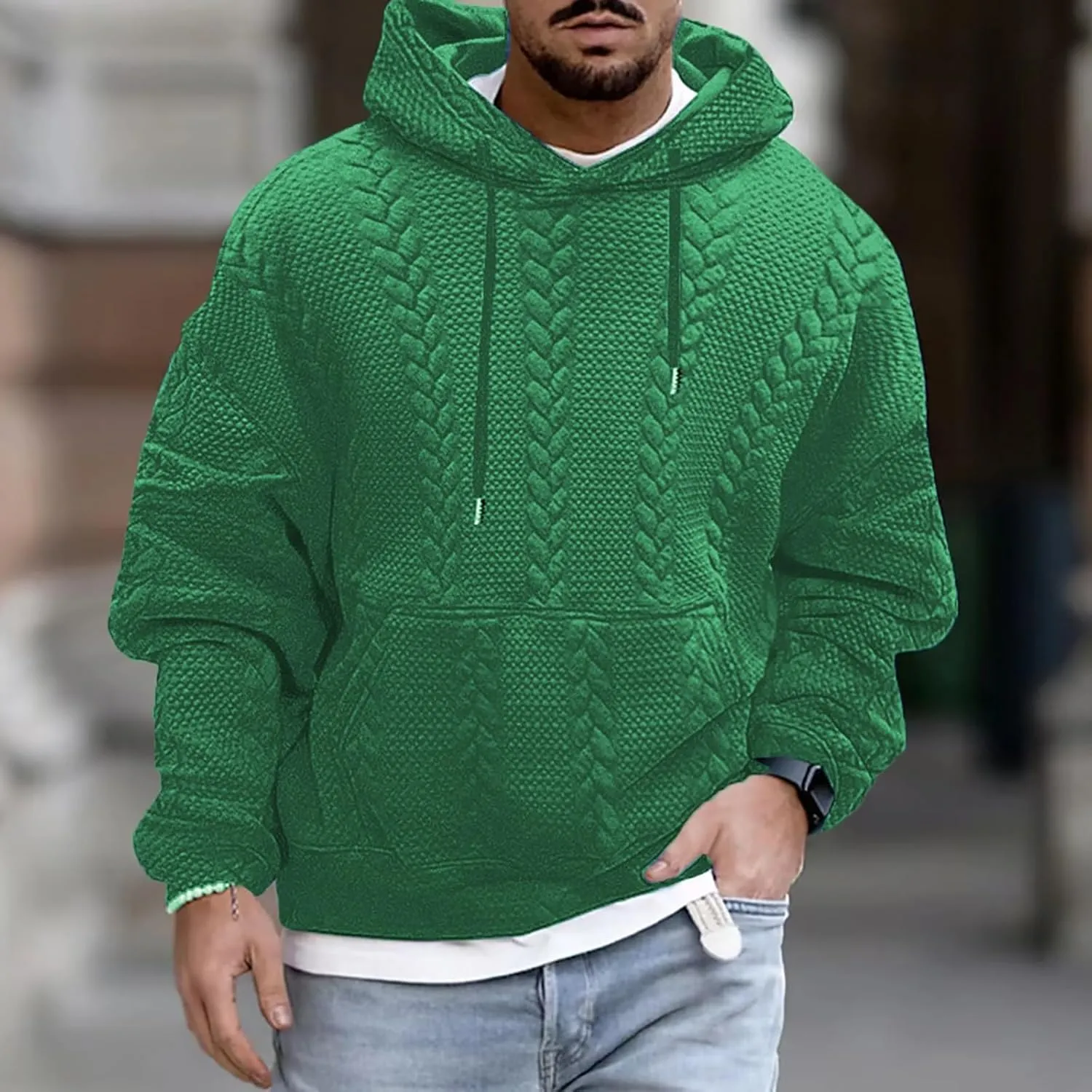 Mens Hooded Sweatshirt 2024 Fashion Textured Knit Drawstring Long Sleeve Pullover Loose Sports Workout Casual Hoodies