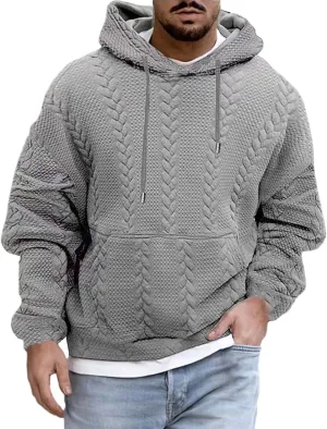 Mens Hooded Sweatshirt 2024 Fashion Textured Knit Drawstring Long Sleeve Pullover Loose Sports Workout Casual Hoodies